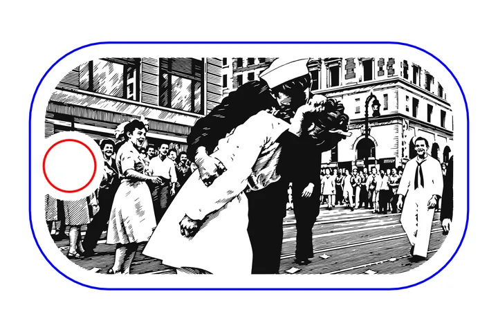 The cut-ready file: the scene drawn as engraving line art inside a dog tag outline